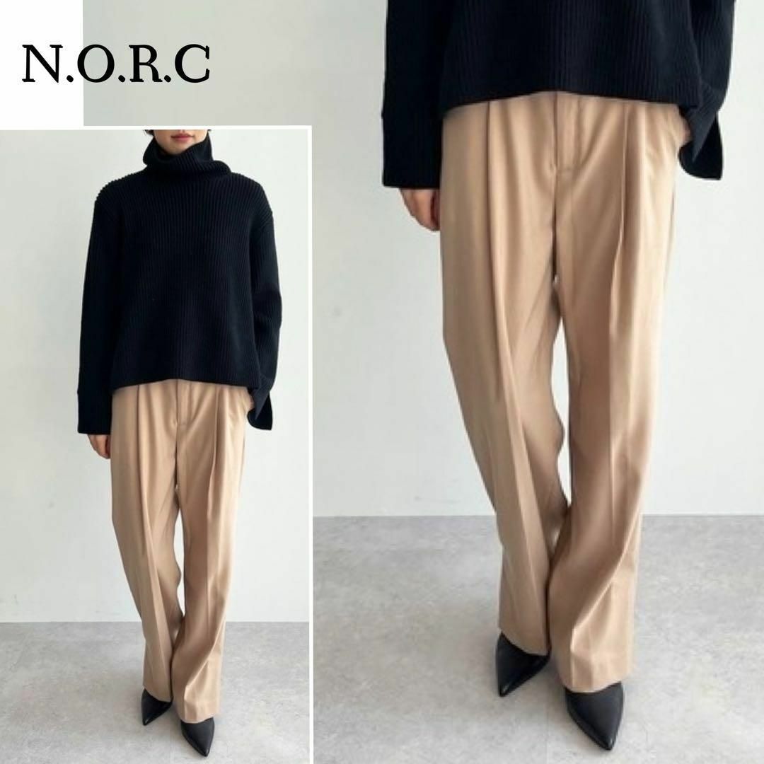 N.O.R.C(ノーク)の美脚シルエットが嬉しい♪　ワンタック　スリットストレートパンツ　S ベージュ レディースのパンツ(カジュアルパンツ)の商品写真