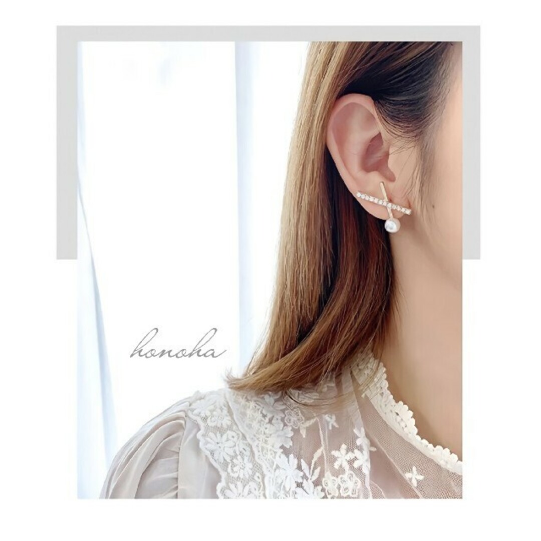 cross line pearl zirconia pierce ◯s925  レディースのアクセサリー(ピアス)の商品写真