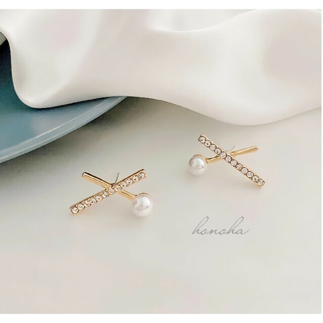 cross line pearl zirconia pierce ◯s925  レディースのアクセサリー(ピアス)の商品写真
