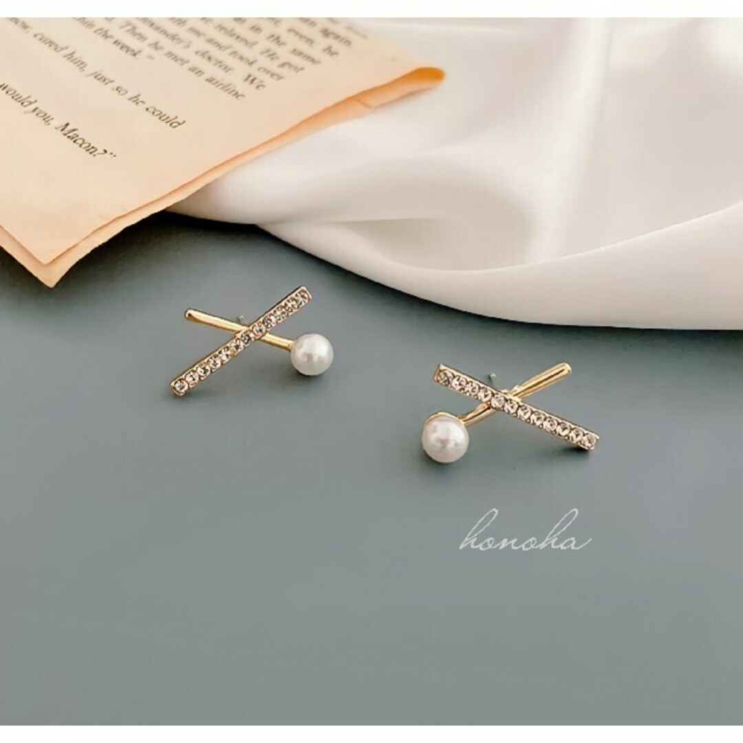 cross line pearl zirconia pierce ◯s925  レディースのアクセサリー(ピアス)の商品写真