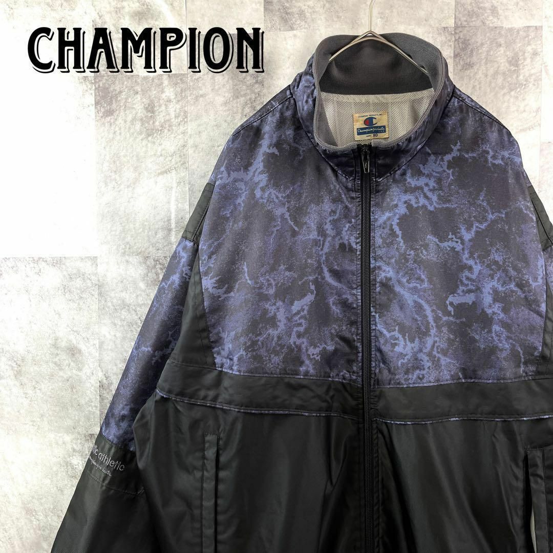 90s ヴィンテージ チャンピオン ナイロンジャケット 袖刺繍ロゴ XL 黒青CHAMPION