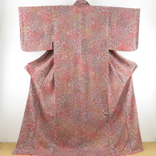 小紋 裂取草花文様 袷 広衿 赤紫色 正絹 カジュアル着物 仕立て上がり 身丈168cm(着物)