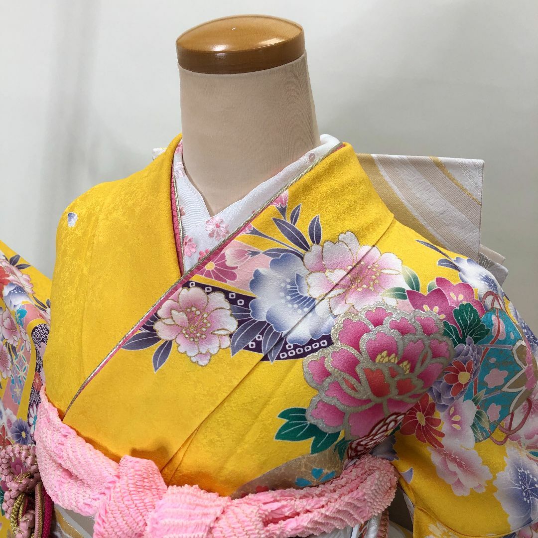 振袖6点セット 黄色 白 ピンク 振袖 成人式 裄68cm 中古 S-157 振袖6点セット 黄色 白 ピンク 振袖 成人式 裄68cm 中古 S-157
