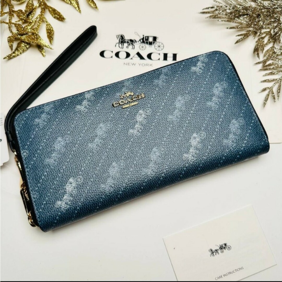 新品　COACH　長財布　ラウンドファスナー　ブルー　小銭入れ有　シグネチャー | フリマアプリ ラクマ