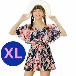 XL 水着 レディース 体型 カバー ワンピース オールインワン 花柄 ネイビー(水着)