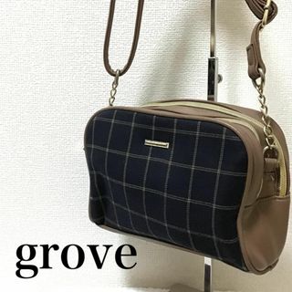 グローブ(grove)の美品✨groveグローブショルダーバッグハンドバッグダークブラウン茶総柄チェック(ショルダーバッグ)