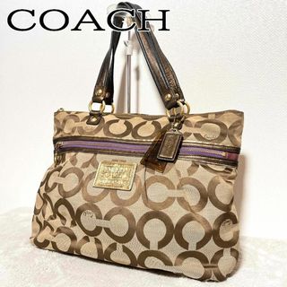 コーチ(COACH)の美品✨COACH コーチセミショルダーバッグトートバッグブラウン茶エメラルド総柄(ショルダーバッグ)