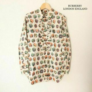 バーバリー(BURBERRY)の美品 バーバリー 総柄 プリント ストレッチ フリル 長袖 シャツ ブラウス(シャツ/ブラウス(長袖/七分))