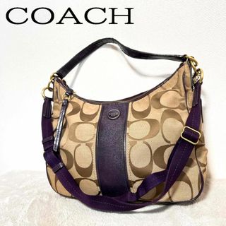 コーチ(COACH)の美品✨COACH コーチショルダーバッグハンドバッグブラウン茶パープル紫総柄(ショルダーバッグ)