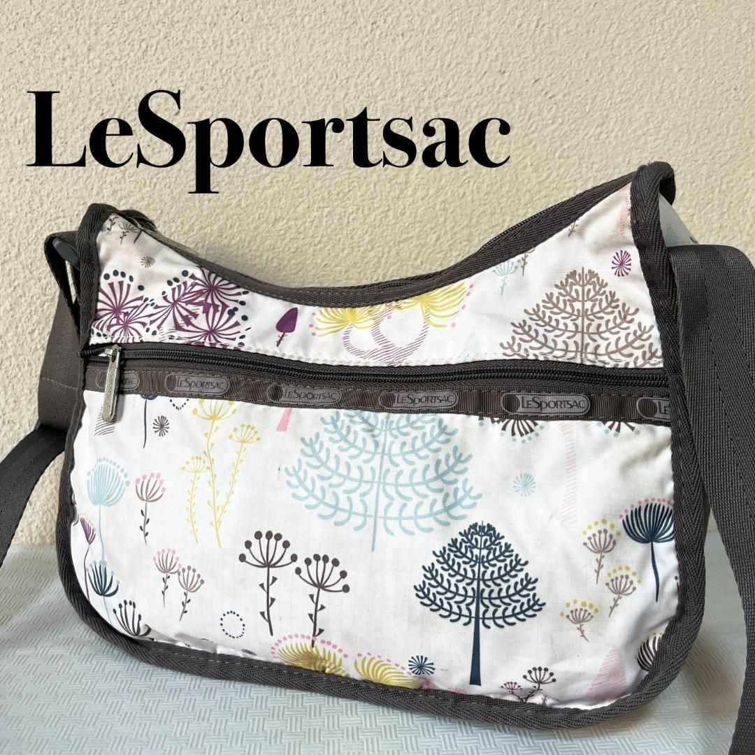 美品✨LeSportsac レスポートサックショルダーバッグハンドバッグホワイトファスナータイプ外側