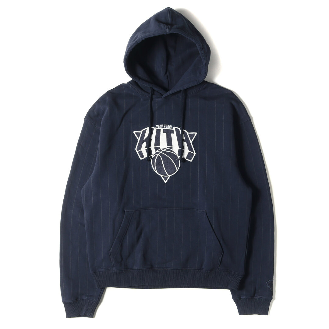 メンズ美品 KITH NYC キス ニューヨークシティー パーカー サイズ:M 23AW NBA New York Knicks ニックス ピンストライプ スウェット パーカー NY Pinstripe Williams III Hoodie ネイビー 紺 トップス フーディー コラボ【メンズ】