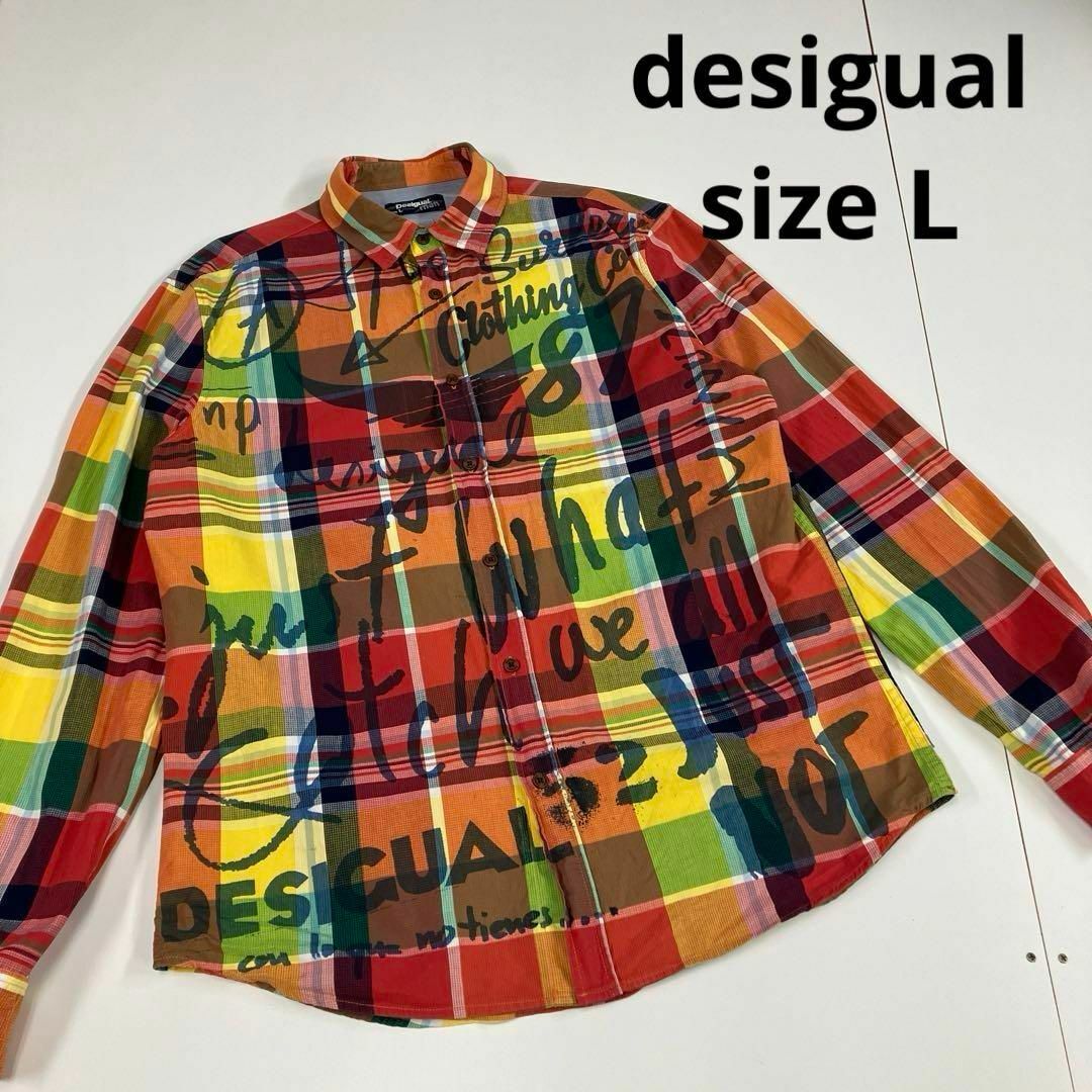 desigual デシグアル　シャツ　チェック柄　英字　総柄トップス