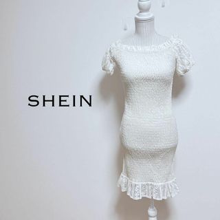 シーイン(SHEIN)のシーイン　シャーリングワンピース　オフショルダー【S】レーススリーブ(ひざ丈ワンピース)