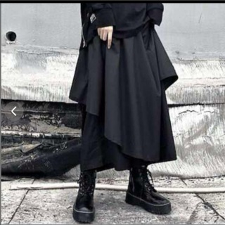 袴パンツ　サルエル　アシンメトリー レイヤード　ゆったり　ワイド　スカート風　黒(サルエルパンツ)