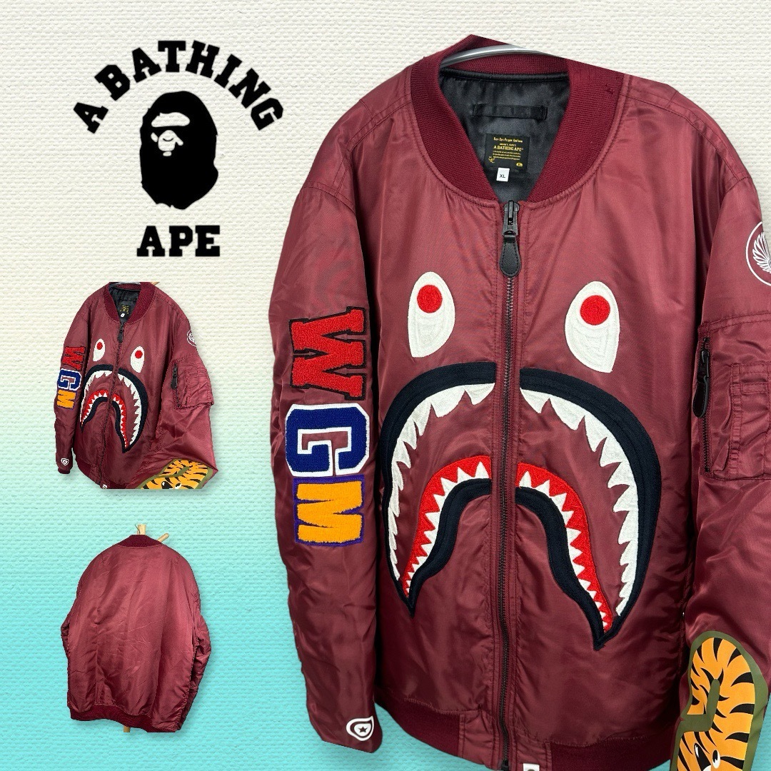 A BATHING APE(アベイシングエイプ)のA BATHING APE シャーク　フライトジャケット　レッド　XL メンズのジャケット/アウター(フライトジャケット)の商品写真