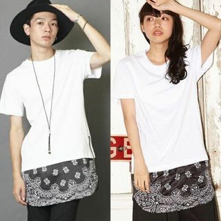 PUBLIC EYES バンダナ柄 Tシャツ レイヤード サイドジップ 白 L(Tシャツ/カットソー(半袖/袖なし))