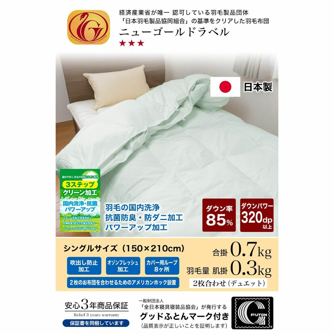 【在庫処分】安眠工場 羽毛布団 2枚合せデュエット シングル合掛0.7kg、薄掛その他