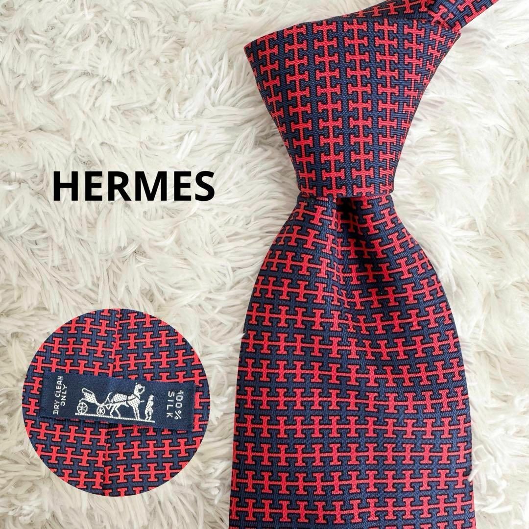 美品】エルメス ネクタイ ネイビー レッド H柄 ハイブランド 美品】エルメス ネクタイ ネイビー レッド H柄 ハイブランド