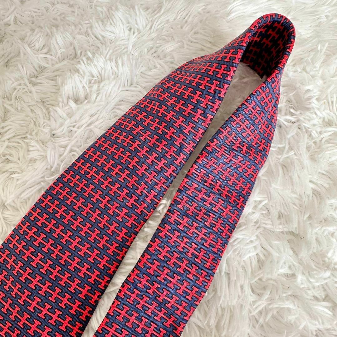 美品】エルメス ネクタイ ネイビー レッド H柄 ハイブランド 美品】エルメス ネクタイ ネイビー レッド H柄 ハイブランド