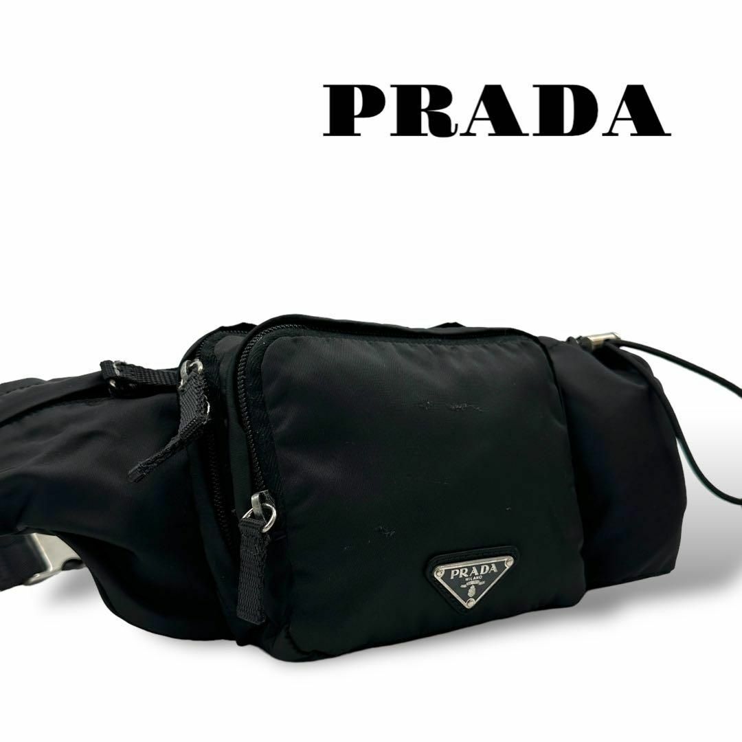 PRADA(プラダ)の良品 PRADA ウエストポーチ ボディバッグ 三角ロゴ 白タグ LAMPO 黒 メンズのバッグ(ボディーバッグ)の商品写真