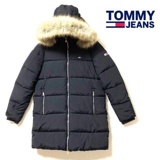 トミーヒルフィガー(TOMMY HILFIGER)の【美品】トミージーンズ　ダウンコート　刺繍ロゴ　肩ロゴ　ダウンジャケット　m 黒(ダウンコート)