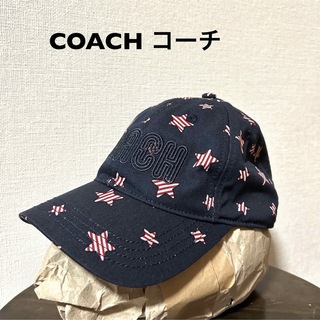 コーチ(COACH)のCOACH コーチ 古着総柄キャップ ロゴ刺繍 ネイビー濃紺 中国台湾製(キャップ)
