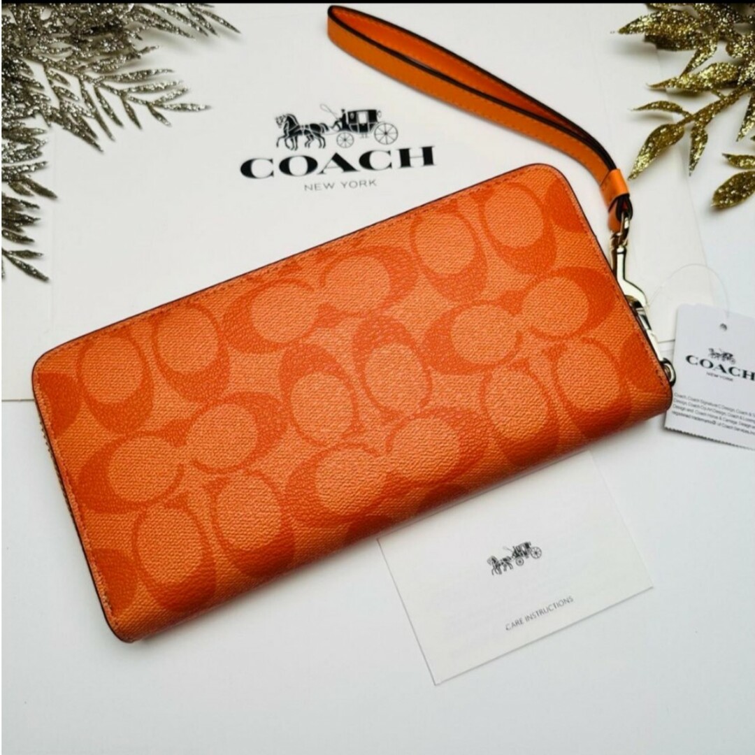 COACH - 新品 COACH 長財布 ラウンドファスナー オレンジ シグネチャー