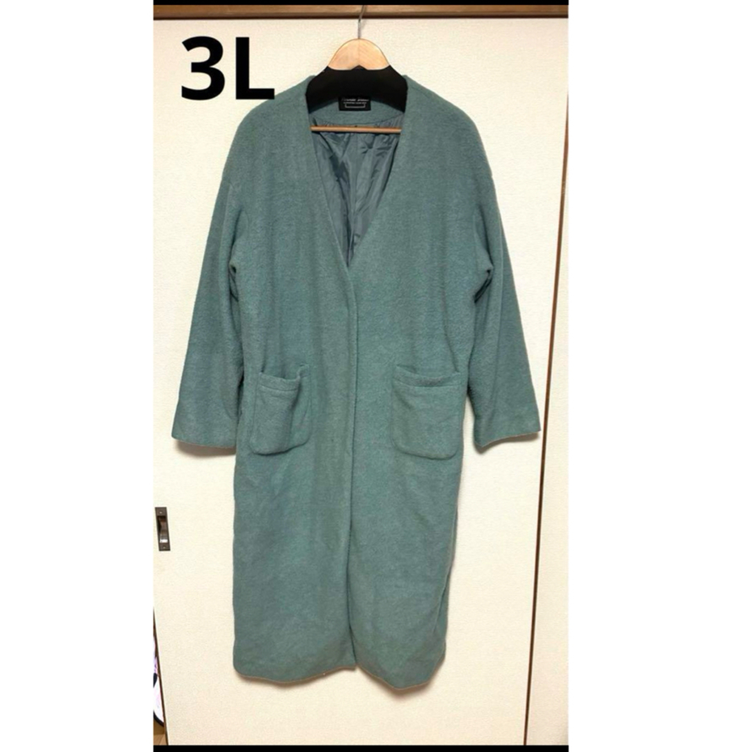 【翌日発送】ロングコート ノーカラーコート ミントグリーン 大きめゆったり 3L レディースのジャケット/アウター(ロングコート)の商品写真