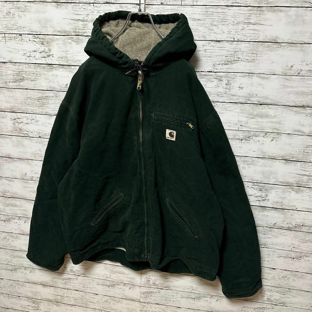 carhartt(カーハート)の1179【希少2XL】カーハート☆革ロゴ　裏地ボア　グリーンアクティブジャケット メンズのジャケット/アウター(ブルゾン)の商品写真