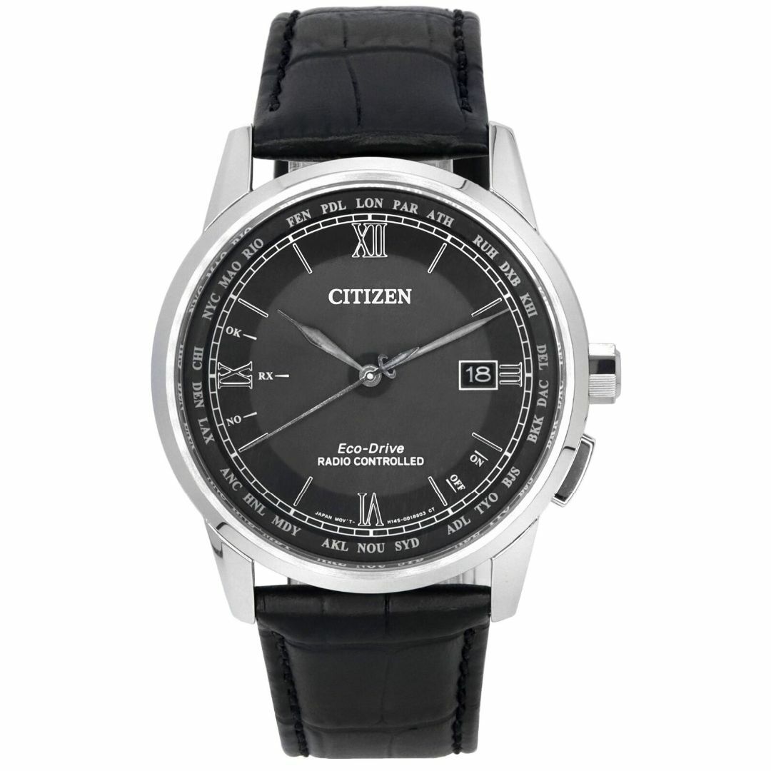 CITIZEN 海外モデル エコドライブ 電波時計 CB0151-19Eレザーガラス素材