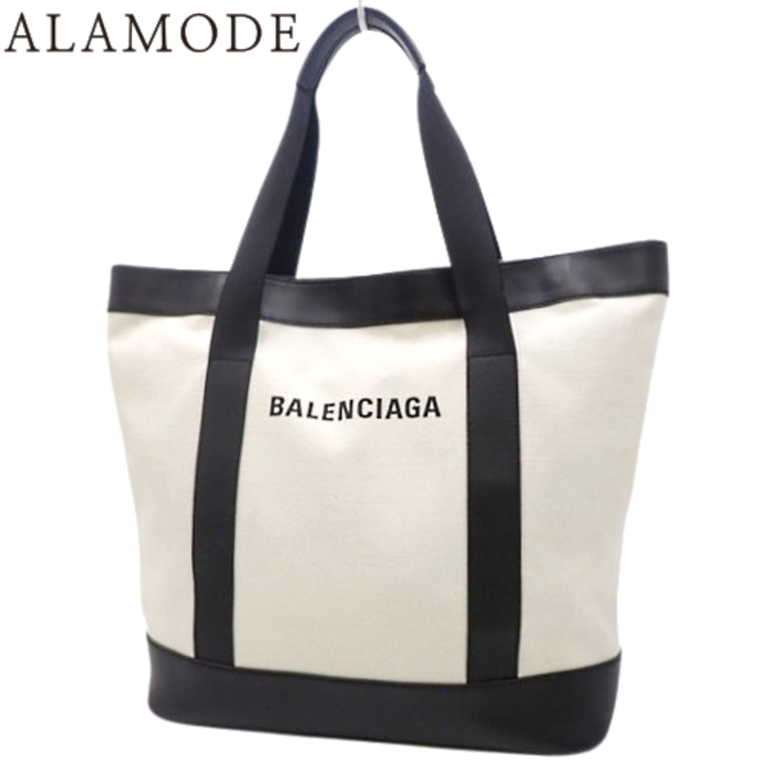 BALENCIAGA(バレンシアガ) ネイビー トート トートバッグ 肩掛けかばん ショッピングバッグ キャンバス レザー アイボリー ブラック黒 シルバー金具 374767 レディース 40802070579【アラモード】スナップボタン内側