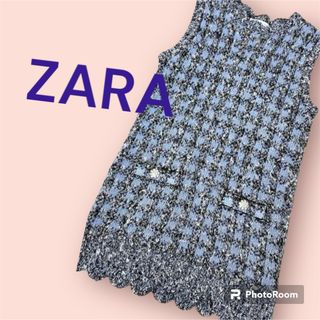 ザラ(ZARA)のZARA ワンピース 20AW ビジュー付き ツイード ノースリーブ ニット(ミニワンピース)