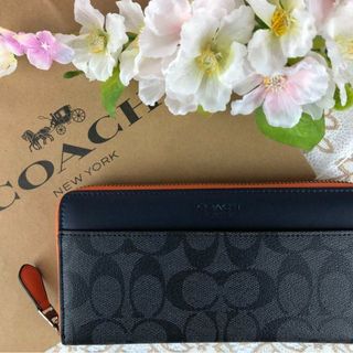 コーチ(COACH)のCOACH コーチ グレー シグネチャー ファスナー オレンジ(財布)