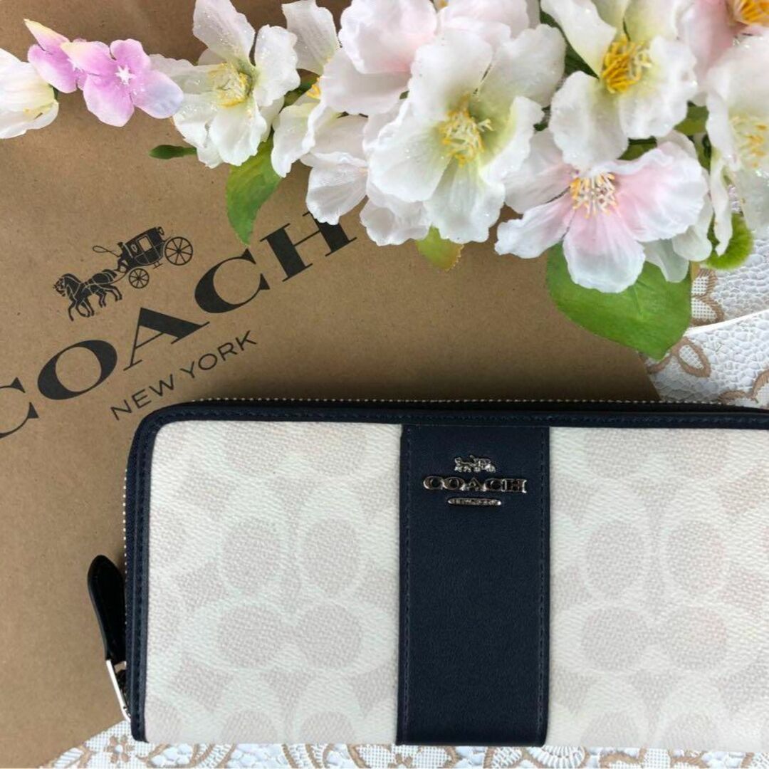 COACH コーチ ホワイト × ネイビー シグネチャー ストライプショルダー