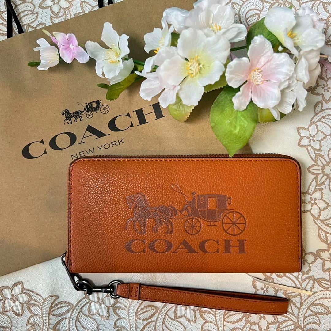 ギフトCOACH ブラウン 馬車 ストラップ 長財布