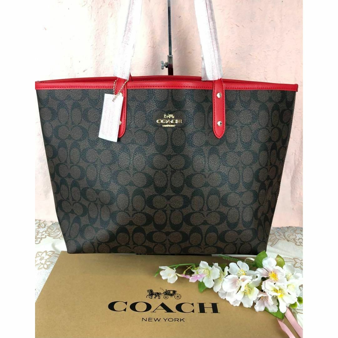 ギフトCOACH コーチ リバーシブル ダークブラウン シグネチャー レッド