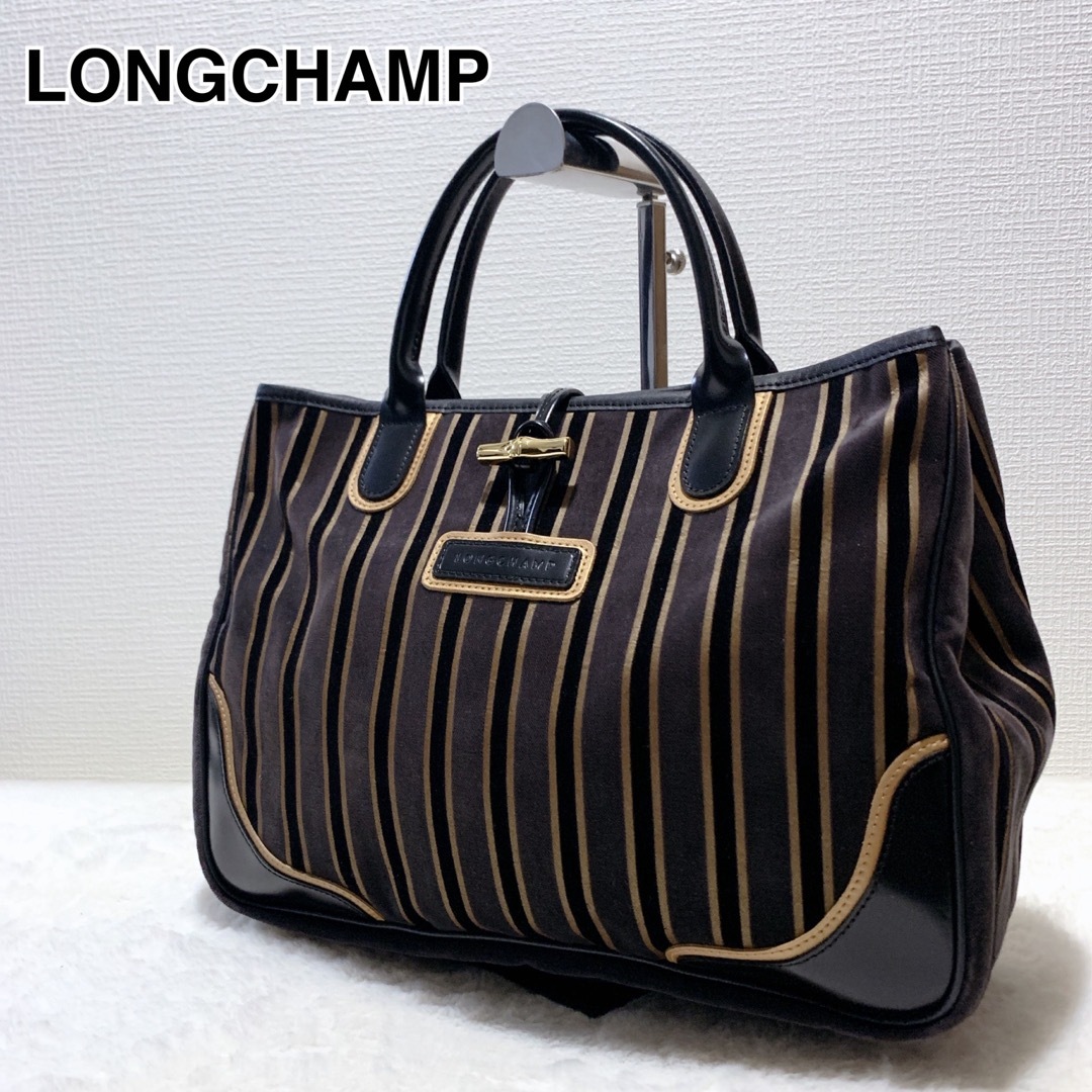 LONGCHAMP(ロンシャン)の【美品】ロンシャン ロゾ ハンドバック ベロア  レザーストライプ  A4可 レディースのバッグ(ハンドバッグ)の商品写真