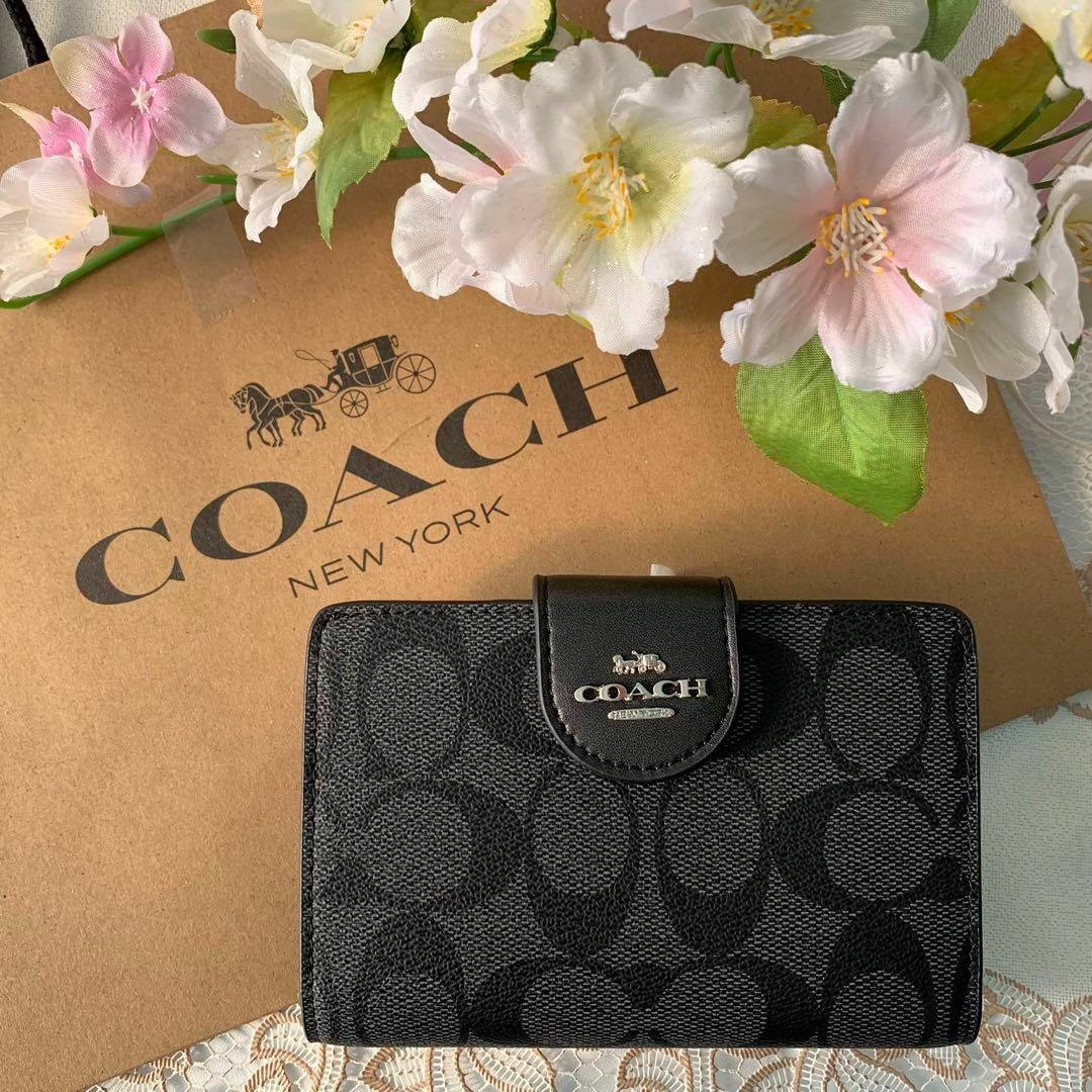 COACH コーチ ︎✿ブラック シグネチャー ロゴ 二つ折り財布馬車