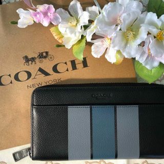 コーチ(COACH)のCOACH ブラック グレー ストライプ(名刺入れ/定期入れ)