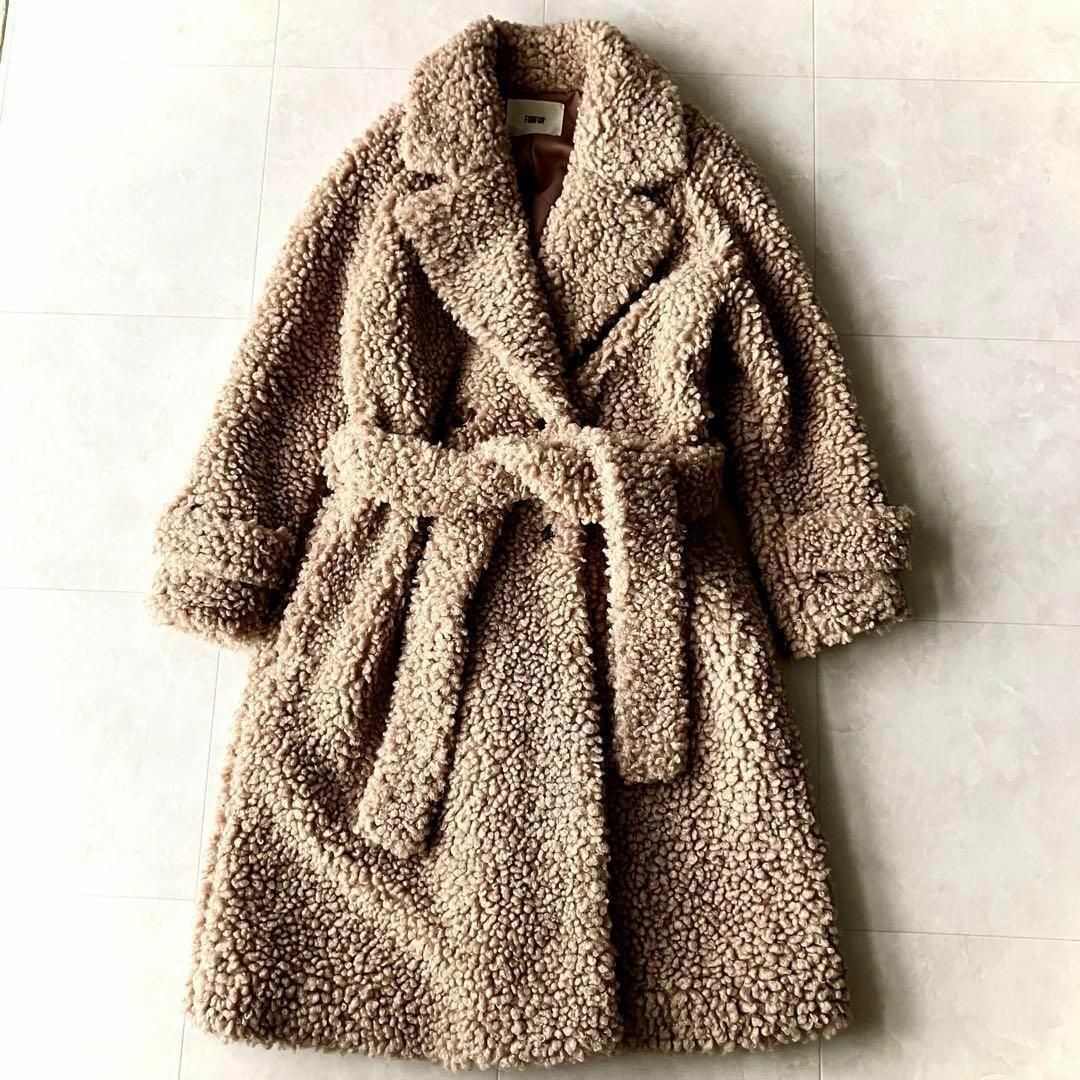 fur fur(ファーファー)の美品♪ファーファー　ロングボアコート　エコファー　大きめ　ブラウン　リボンベルト レディースのジャケット/アウター(ロングコート)の商品写真