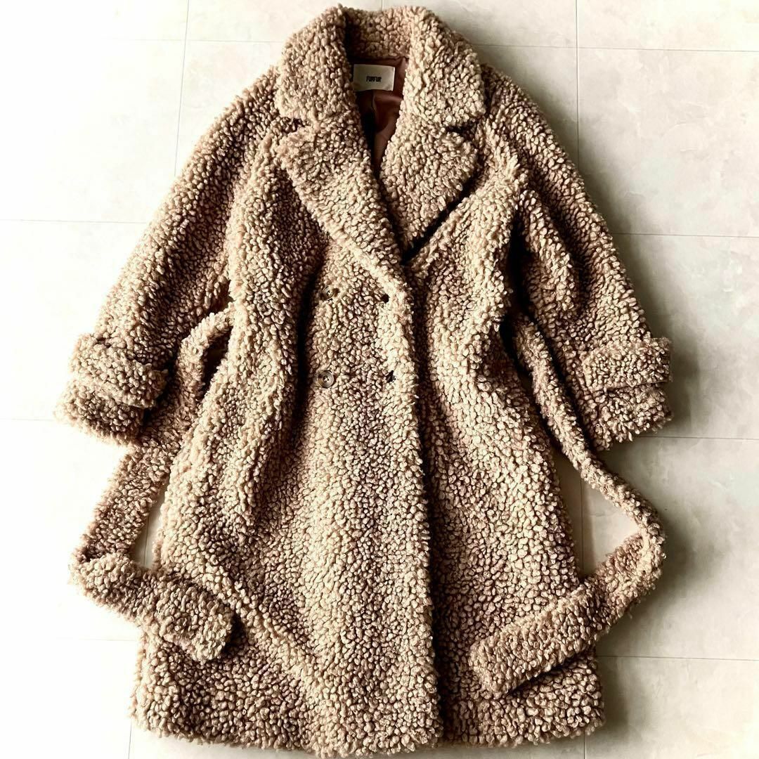 fur fur(ファーファー)の美品♪ファーファー　ロングボアコート　エコファー　大きめ　ブラウン　リボンベルト レディースのジャケット/アウター(ロングコート)の商品写真