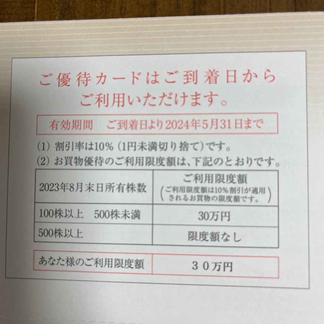 高島屋 株主優待カード　限度額30万円　女性名義 チケットの優待券/割引券(ショッピング)の商品写真