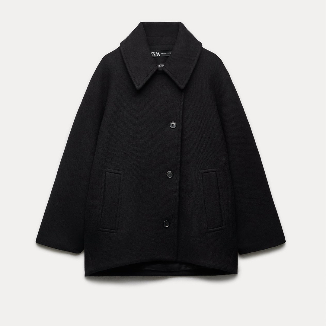 ZARA(ザラ)のZARA ザラ　クロップドMANTECOウールコート　M-L ブラック レディースのジャケット/アウター(ピーコート)の商品写真