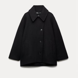 ザラ(ZARA)のZARA ザラ　クロップドMANTECOウールコート　M-L ブラック(ピーコート)