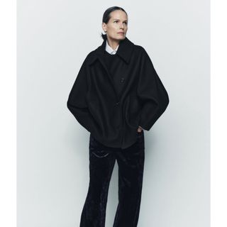 ZARA - ZARA ザラ クロップドMANTECOウールコート M-L ブラックの通販