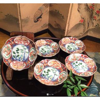 A608 古伊万里　極上赤絵　窓絵に団龍鳳凰紋様　綾花型　金縁　小皿5枚（箱付）(食器)