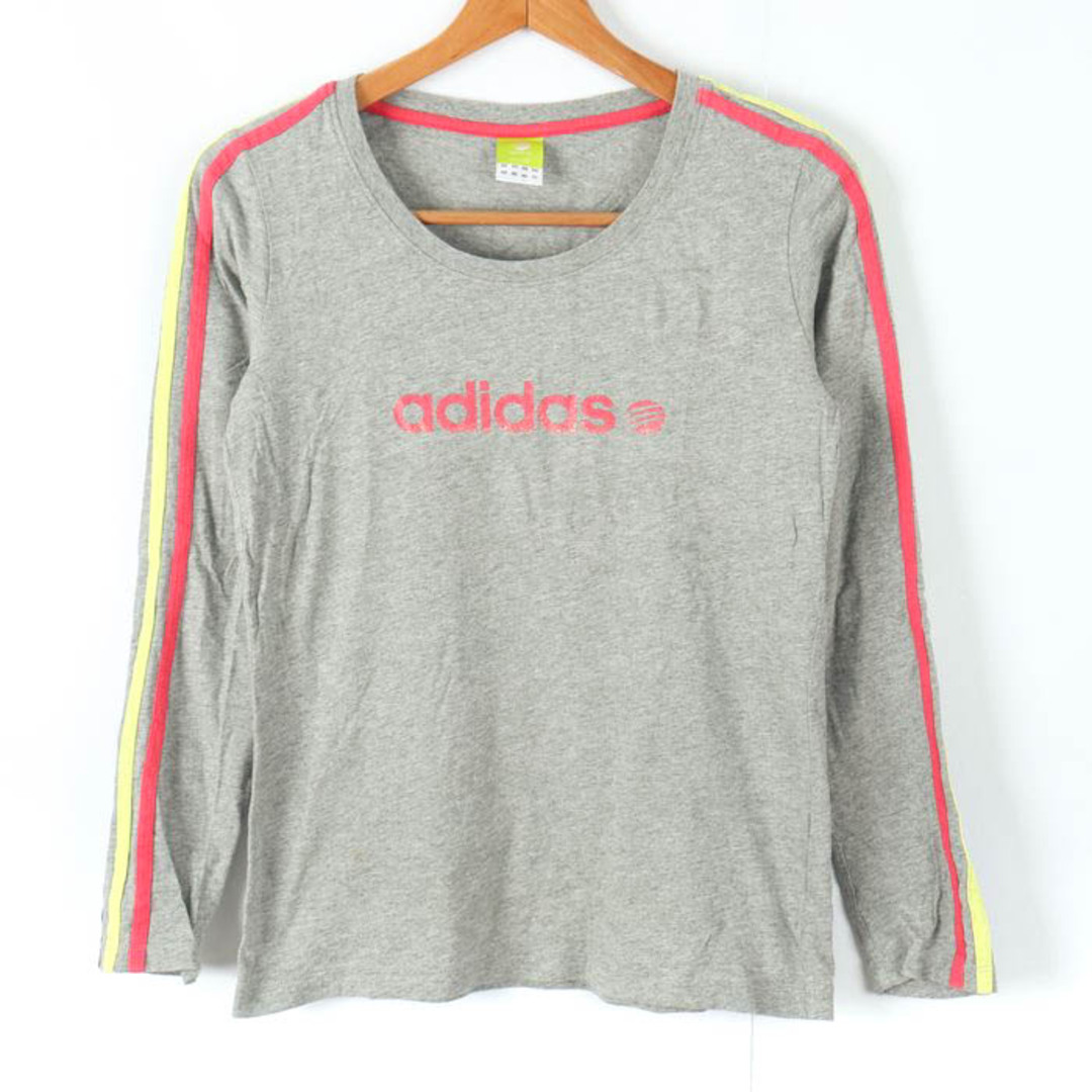 adidas(アディダス)のアディダス 長袖Tシャツ ロゴT 袖ライン スポーツウェア ネオレーベル レディース Lサイズ グレー adidas レディースのトップス(Tシャツ(長袖/七分))の商品写真