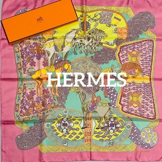 エルメス(Hermes)の極美品 ★HERMES★ スカーフ 大判 カレ ステップのアート ピンク 箱付き(バンダナ/スカーフ)