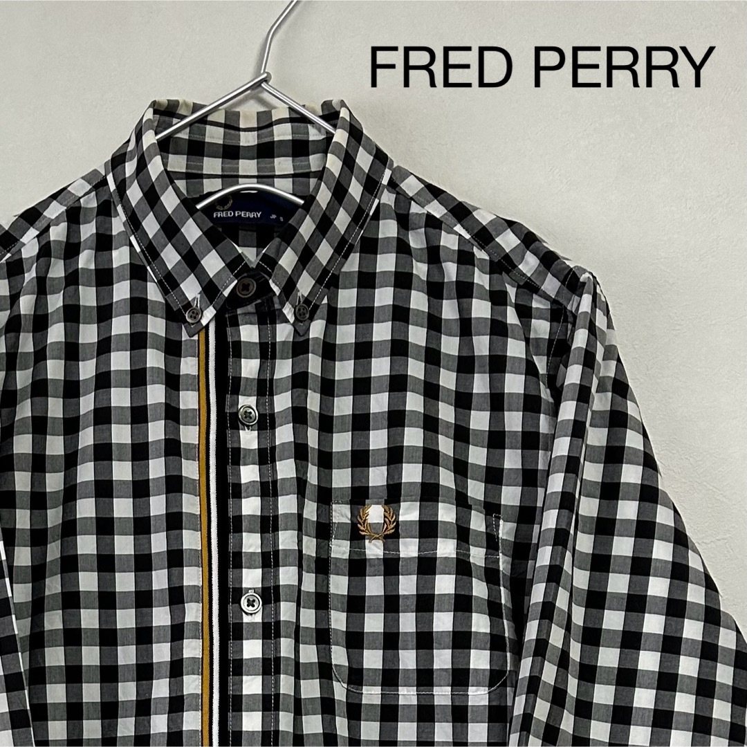 90s FRED PERRY 長袖フロントテープ チェックシャツ ブラックシャツ