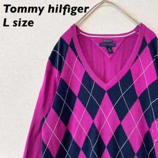 トミーヒルフィガー(TOMMY HILFIGER)のトミーヒルフィガー　ニット　セーター　長袖　総柄　アーガイル　刺繍ロゴ　男女兼用(ニット/セーター)